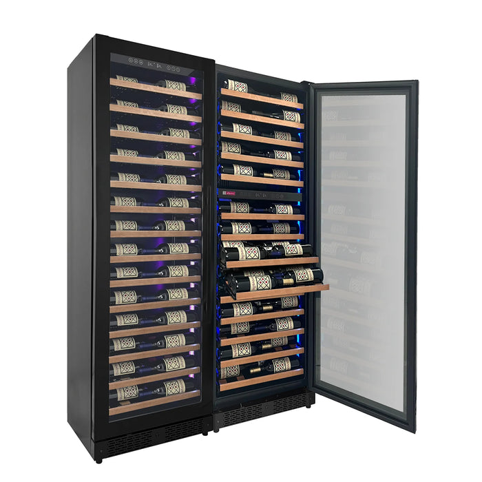 Reserva Series 134 Bottle 71" Tall Three Zone Black Side-by-Side Shallow Wine Refrigerator with Wood Front Shelves