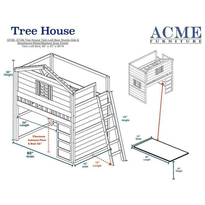 Tree House Loft Bed (Twin Size), Weathered White & Washed Gray (1Set/2Ctn)