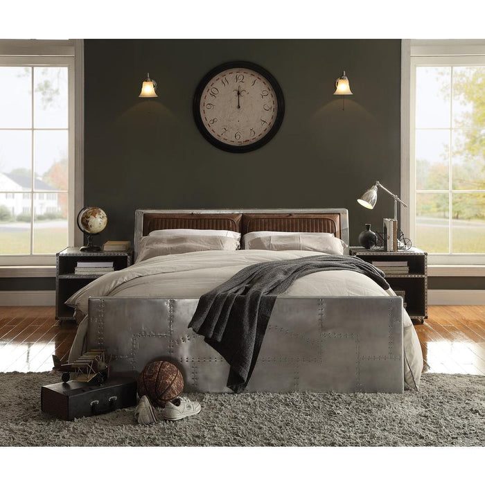 ACME Brancaster Queen Bed w/Storage, Retro Brown Top Grain Leather & Aluminum (1Set/4Ctn)