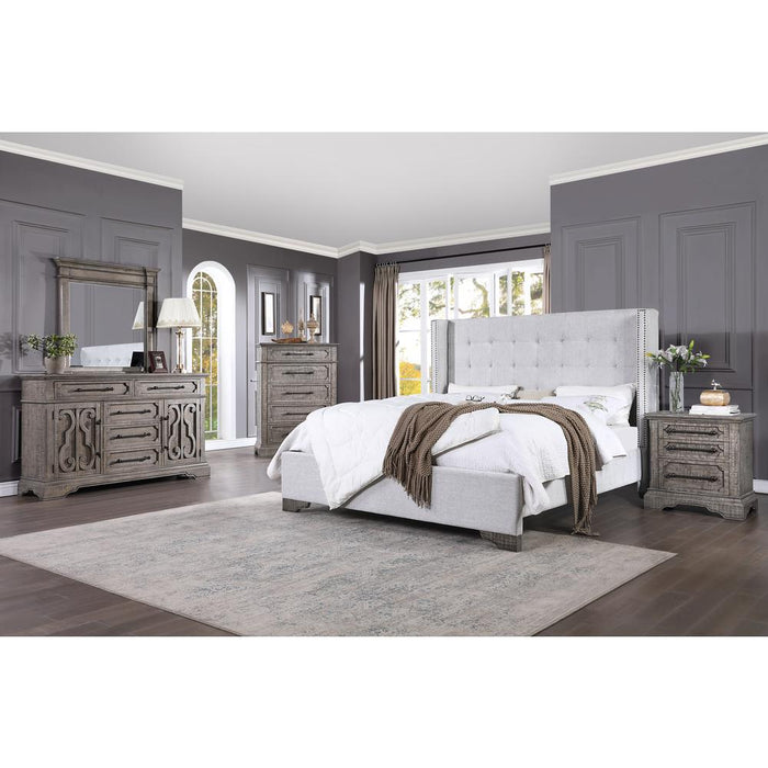 ACME Artesia Eastern King Bed Bed, Tan Fabric & Salvaged Natural Finish