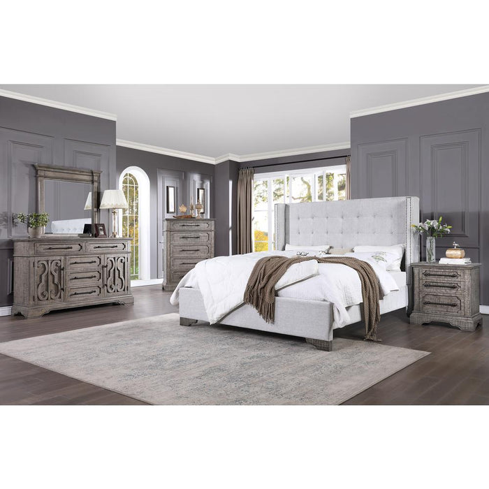 ACME Artesia Queen Bed, Tan Fabric & Salvaged Natural Finish