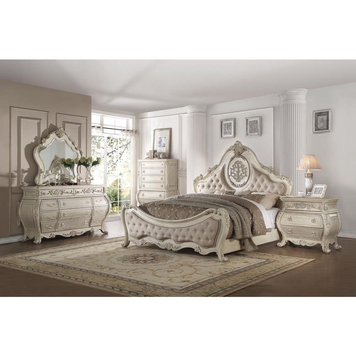 ACME Ragenardus Eastern King Bed, Beige Linen & Antique White (1Set/3Ctn)