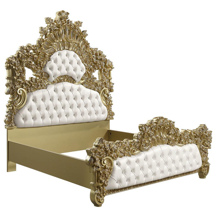 Bernadette Eastern King Bed, White Synthetic Leather & Gold Finish