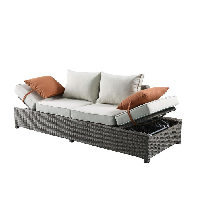 Salena Patio Sofa & Ottoman w/2 Pillows, Beige Fabric & Gray Wicker