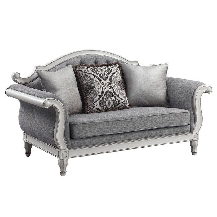 Furniture Florian Tufted Fabric Loveseat w/ 3 Pillows in Gray/Antique White