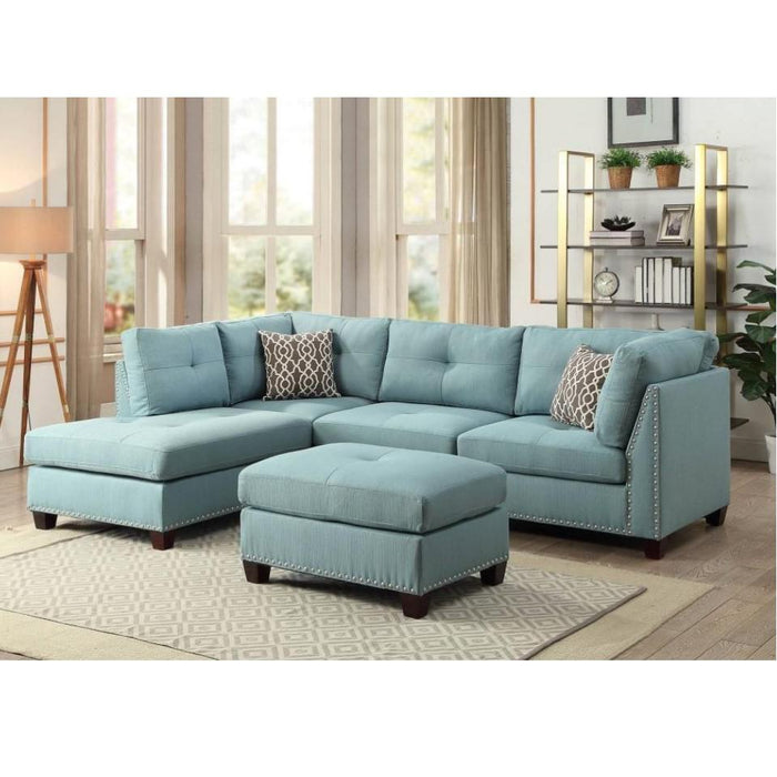 Laurissa Light Teal Linen Sectional Sofa & Ottoman (2 Pillows)