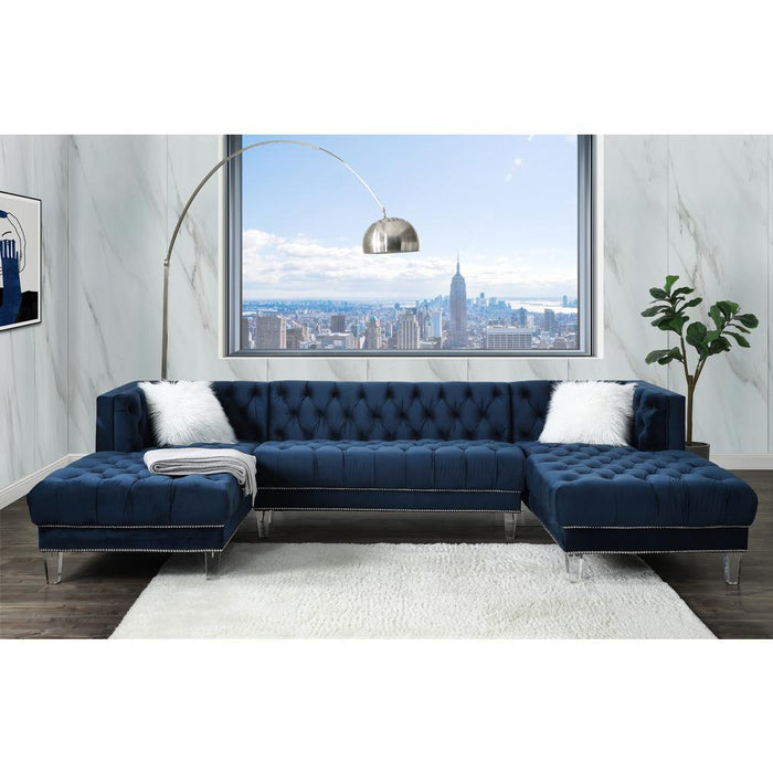 ACME Ezamia Sectional Sofa w/2 Pillows, Navy Blue Velvet