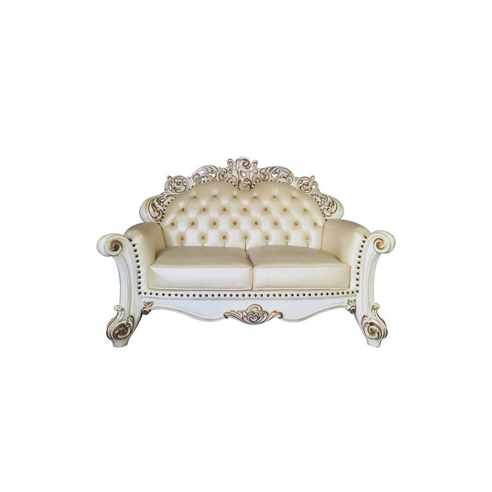 Vendome Loveseat with 3 Pillows in Champagne PU & Antique Pearl Finsih