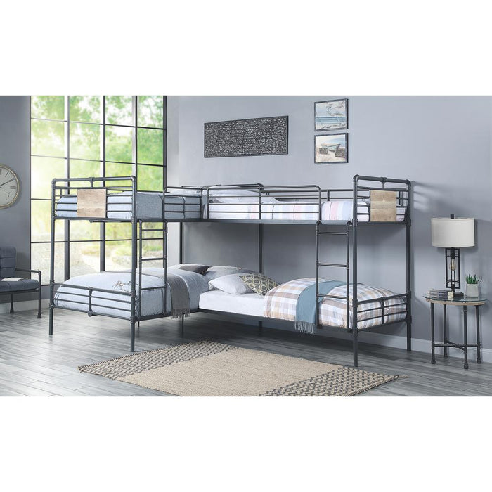 Twin/Full L Shape Bunk Bed, Sandy Black, Dark Brone Hand