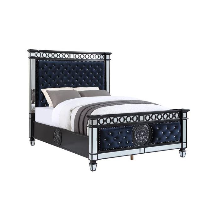 Varian II Mirrored, Dark Navy Velvet & Black & Sliver Finish E. King Bed - HB