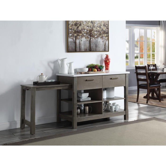 ACME Feivel Kitchen Island w/Pull Out Table, Marble Top & Gray Finish