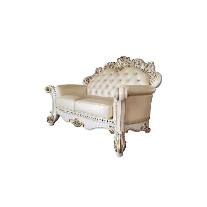 Vendome Loveseat with 3 Pillows in Champagne PU & Antique Pearl Finsih