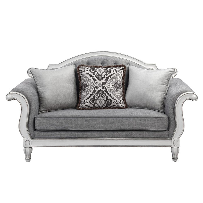 Furniture Florian Tufted Fabric Loveseat w/ 3 Pillows in Gray/Antique White