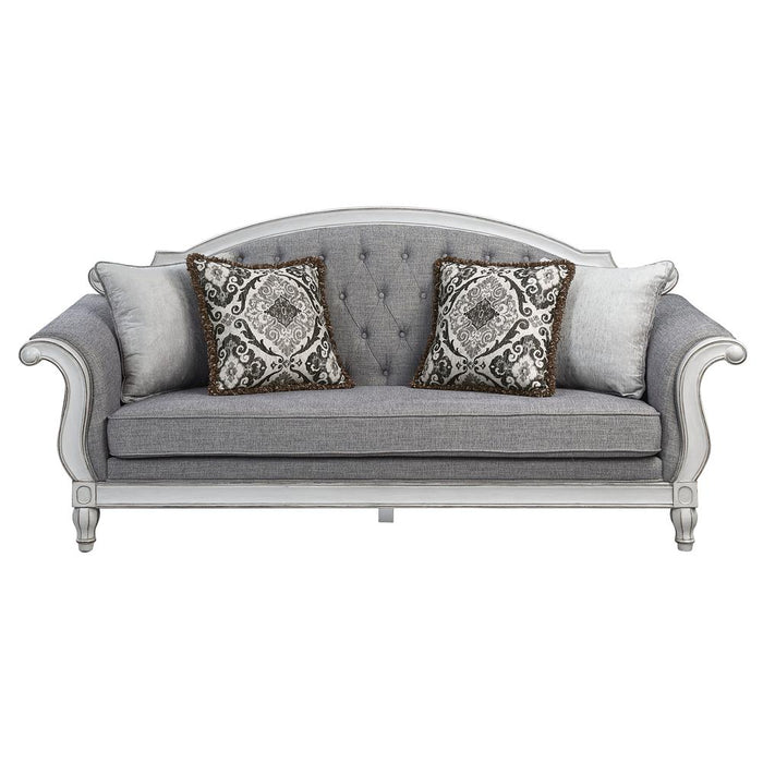 Furniture Florian Tufted Fabric Sofa with 4 Pillows in Gray/Antique White