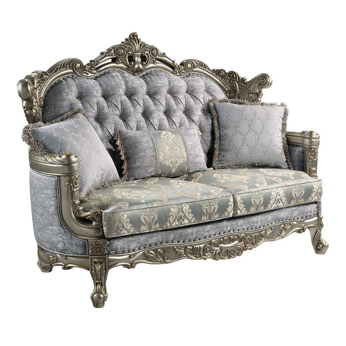 Furniture Miliani Tufted Fabric & Wood Loveseat with 3 Pillows in Gray