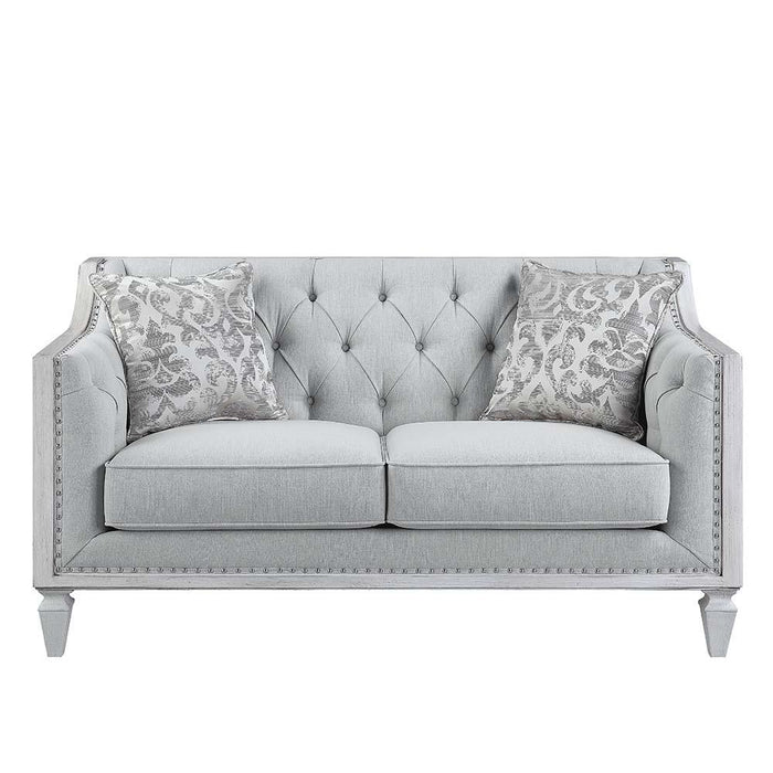 Katia Light Gray Linen & Weathered White Finish Loveseat w/2 Pillows