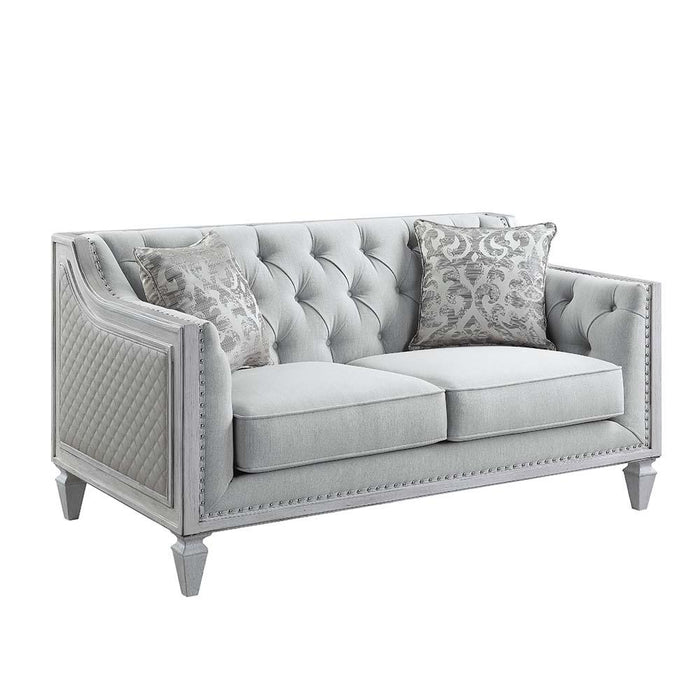 Katia Light Gray Linen & Weathered White Finish Loveseat w/2 Pillows