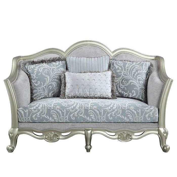 Qunsia Light Gray Linen & Champagne Finish Loveseat w/4 Pillows