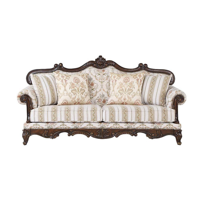 Nayla Pattern Fabric & Walnut Finish Sofa w/4 Pillows