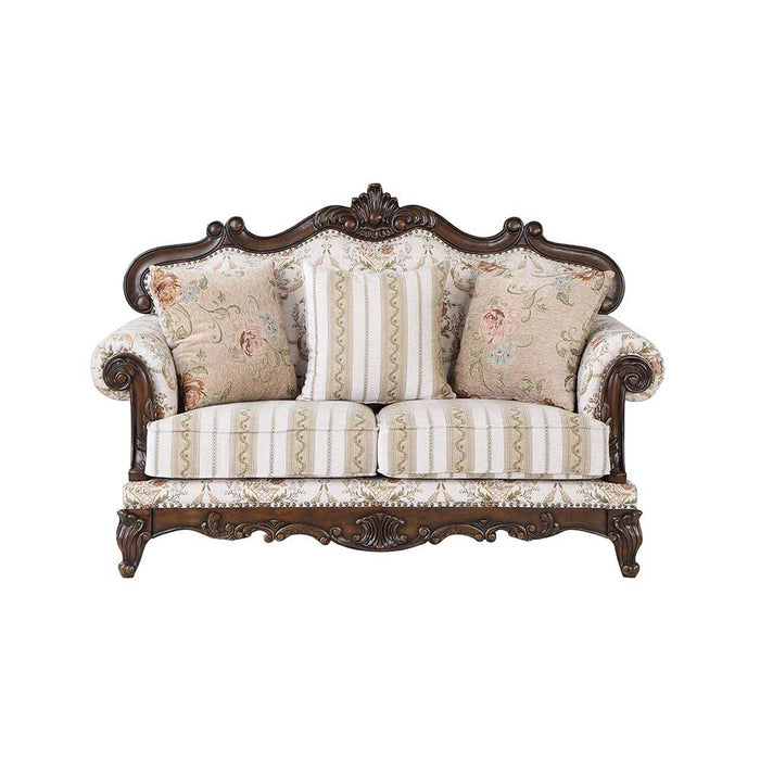 Nayla Pattern Fabric & Walnut Finish Loveseat w/3 Pillows