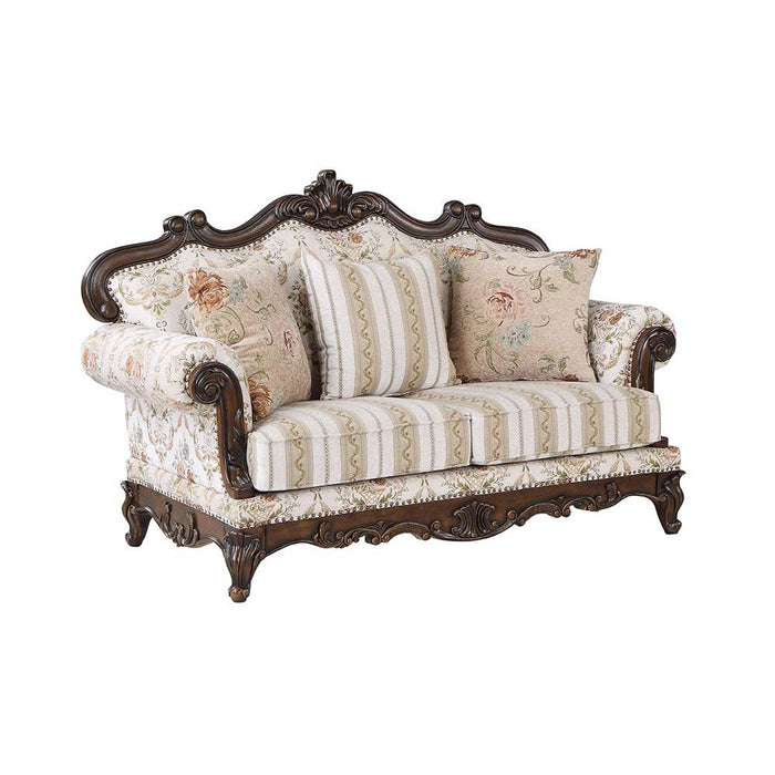 Nayla Pattern Fabric & Walnut Finish Loveseat w/3 Pillows