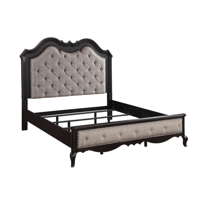 Chelmsford Tufted Fabric & Wood Eastern King Bed in Beige/Antique Black