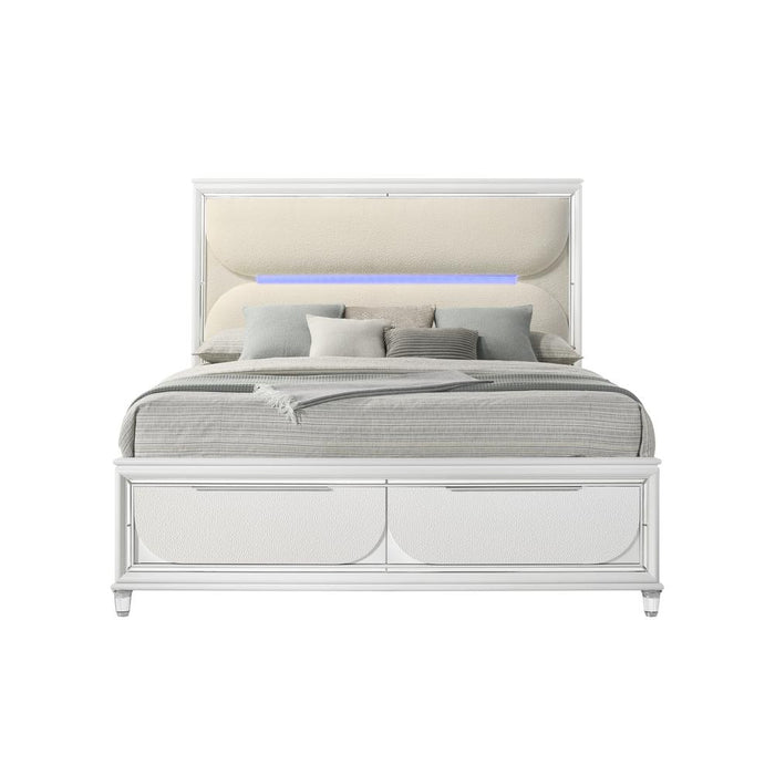 Tarian Wood Queen Bed with Storage & LED in White/Pearl White