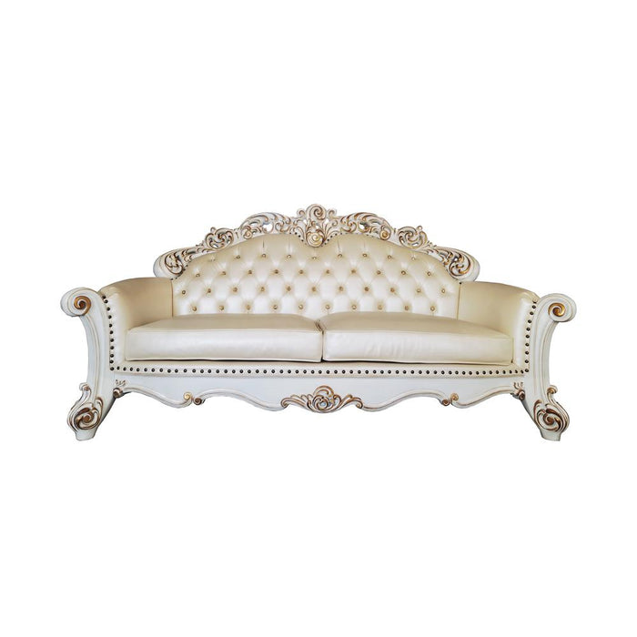 Vendome Sofa with 5 Pillows in Champagne PU & Antique Pearl Finsih