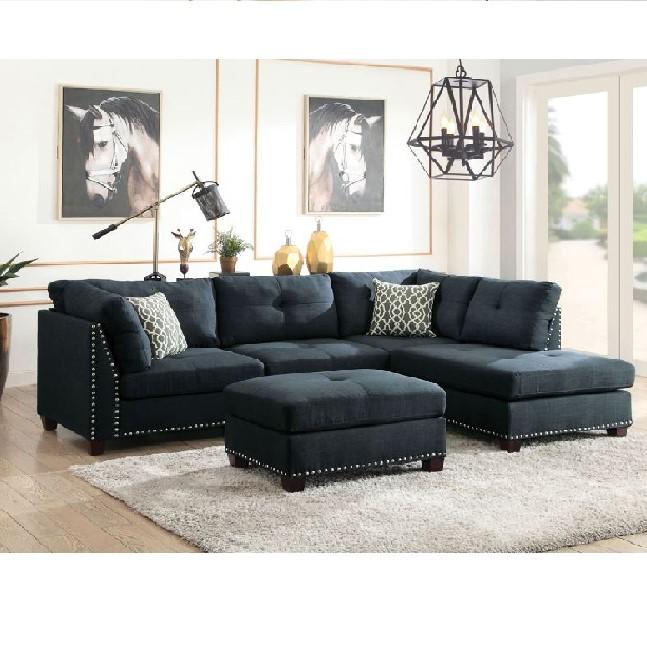 ACME Laurissa Sectional Sofa & Ottoman (2 Pillows), Dark Blue Linen (1Set/2Ctn)