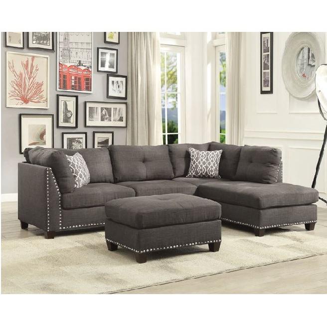 ACME Laurissa Sectional Sofa & Ottoman (2 Pillows), Charcoal Linen (1Set/2Ctn)