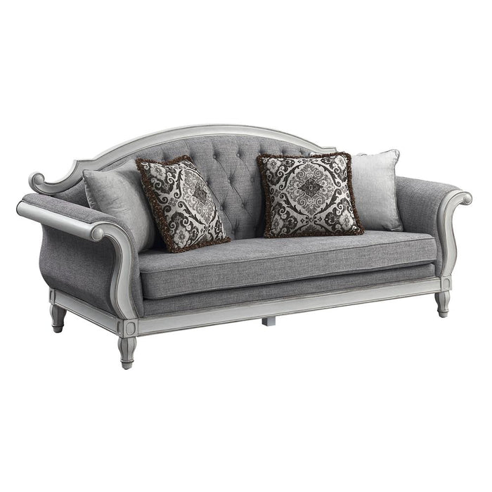 Furniture Florian Tufted Fabric Sofa with 4 Pillows in Gray/Antique White