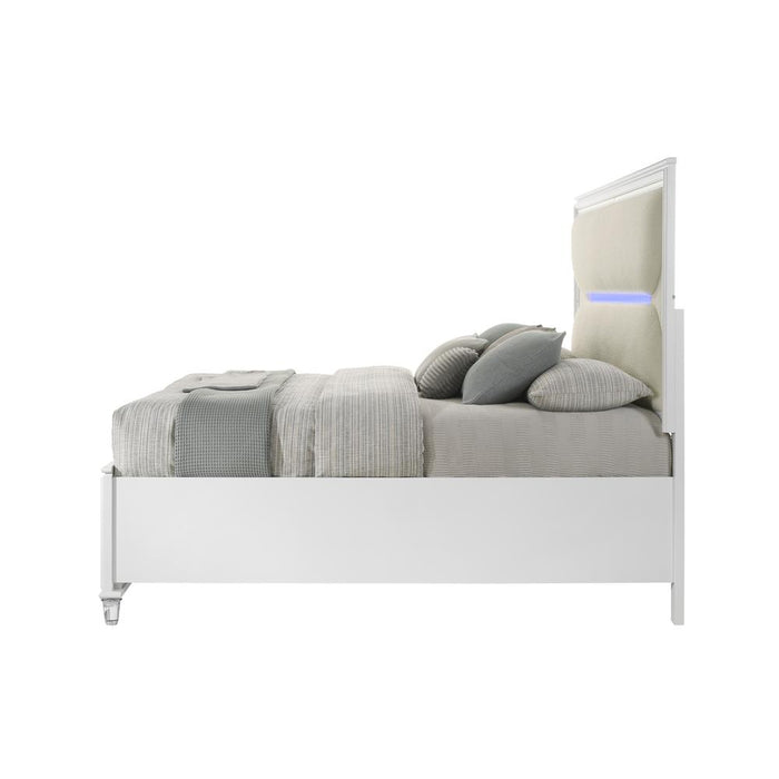 Tarian Wood Queen Bed with Storage & LED in White/Pearl White