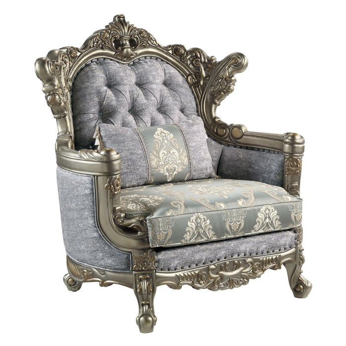 Furniture Miliani Tufted Fabric/Wood Chair w/ Pillow in Gray/Antique Bronze