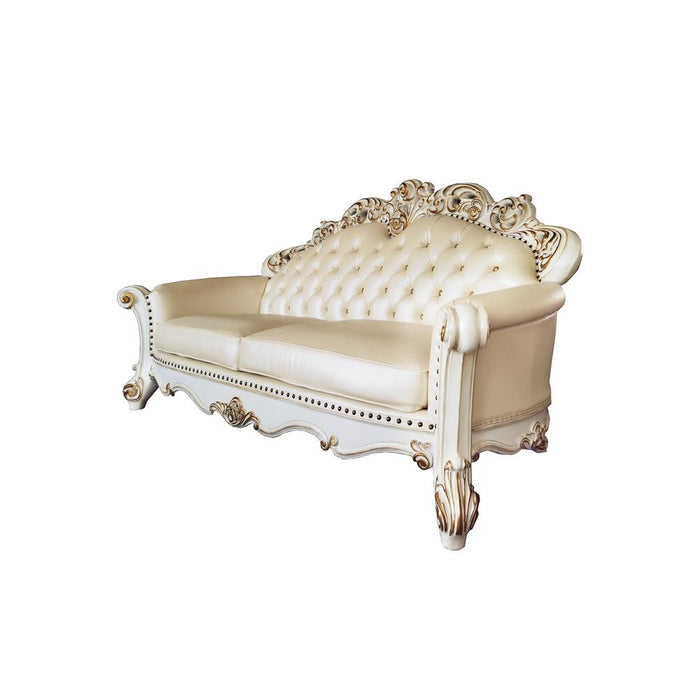 Vendome Sofa with 5 Pillows in Champagne PU & Antique Pearl Finsih