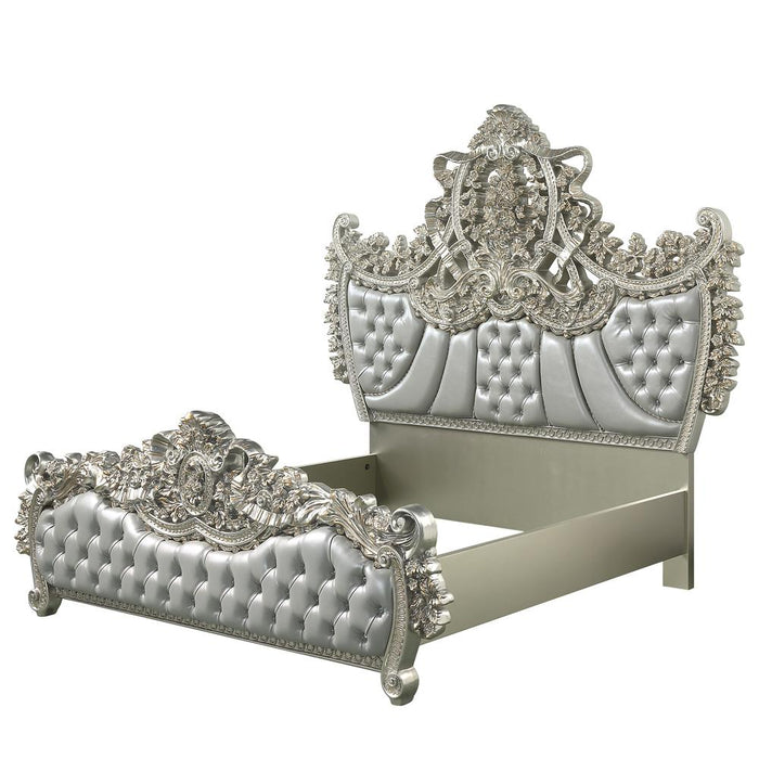 Sandoval Eastern King Bed, Beige Synthetic Leather & Champagne Finish