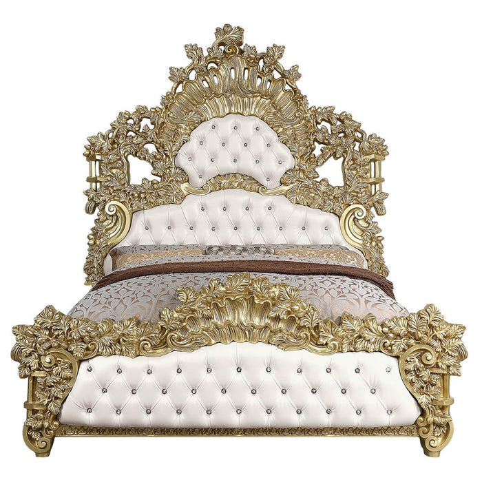 Bernadette Eastern King Bed, White Synthetic Leather & Gold Finish