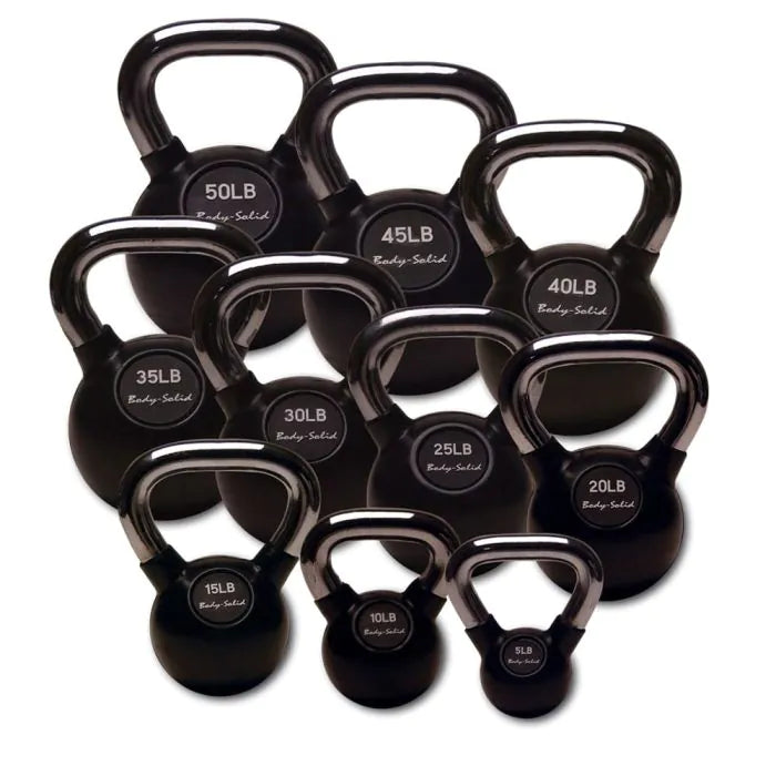 Body Solid Chrome Handle, Rubber Kettle Bell Set One Each 5-50