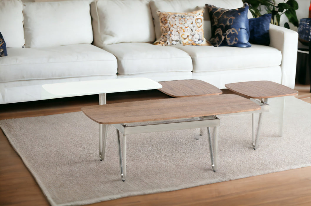 16" Walnut Veneer  Metal  And Glass Coffee Table