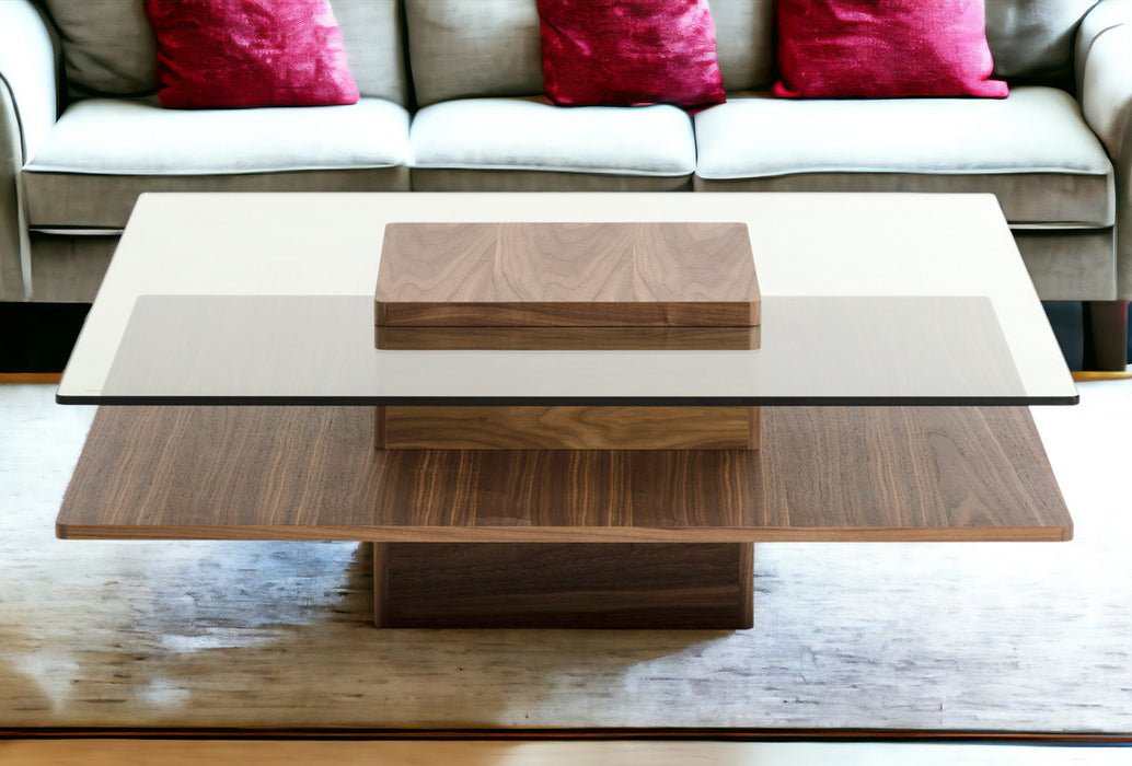 14" Walnut Veneer And Glass Coffee Table