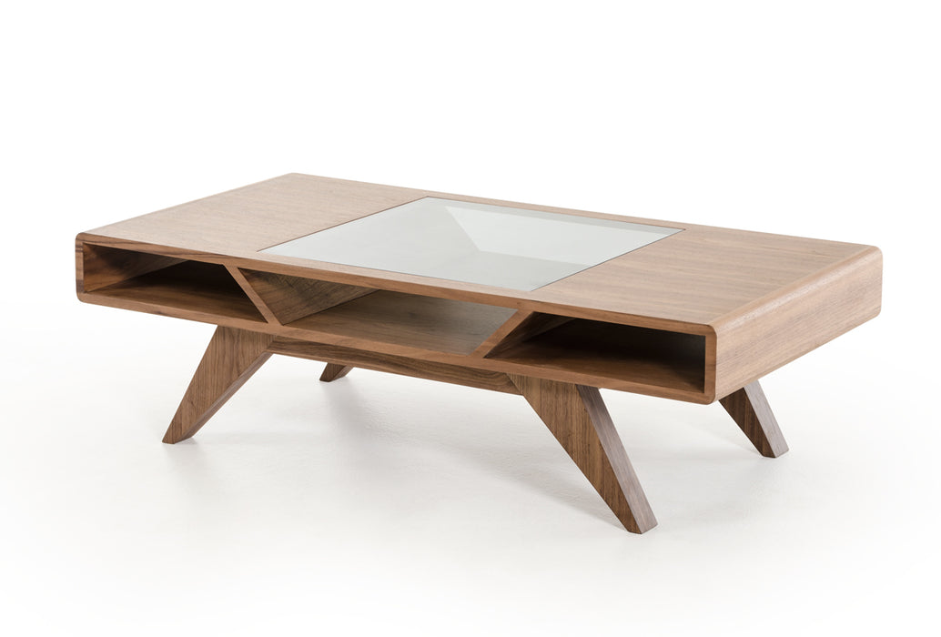 15" Walnut Wood  Veneer  And Glass Coffee Table