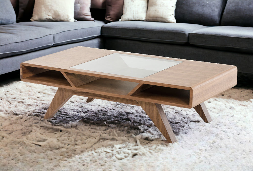 15" Walnut Wood  Veneer  And Glass Coffee Table