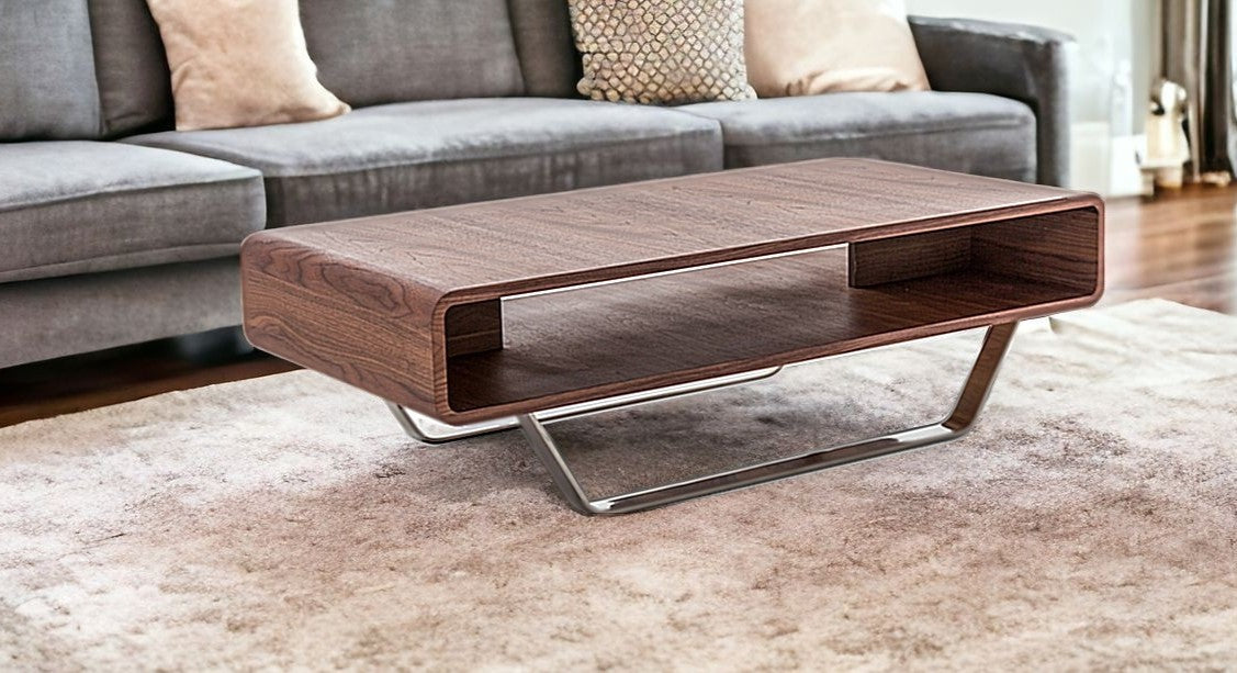 14" Walnut Veneer And Steel Coffee Table