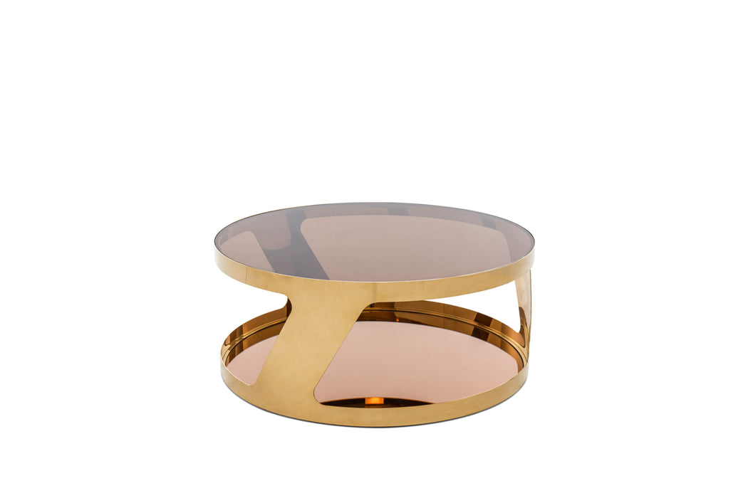 15" Gold Steel And Glass Round Coffee Table