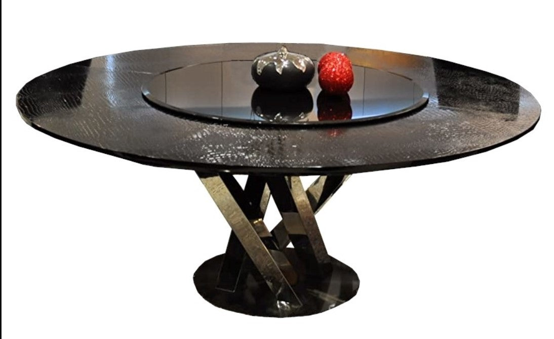 31" Black Crocodile Lacquer Stainless Steel And Glass Table