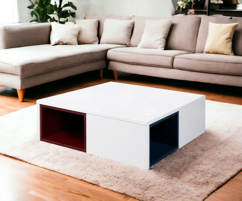 12" White Coffee Table With Colored Stools