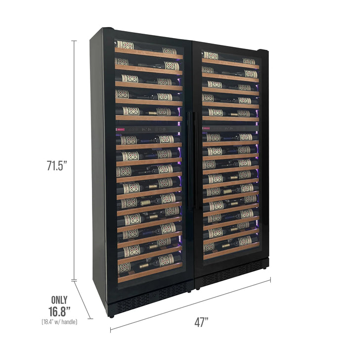 Reserva Series 134 Bottle 71" Tall Four Zone Black Side-by-Side Shallow Wine Refrigerator with Wood Front Shelves