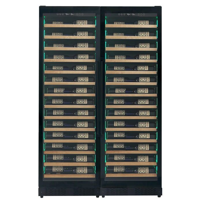 Reserva Series 134 Bottle 71" Tall Dual Zone Black Side-by-Side Shallow Wine Refrigerator with Wood Front Shelves