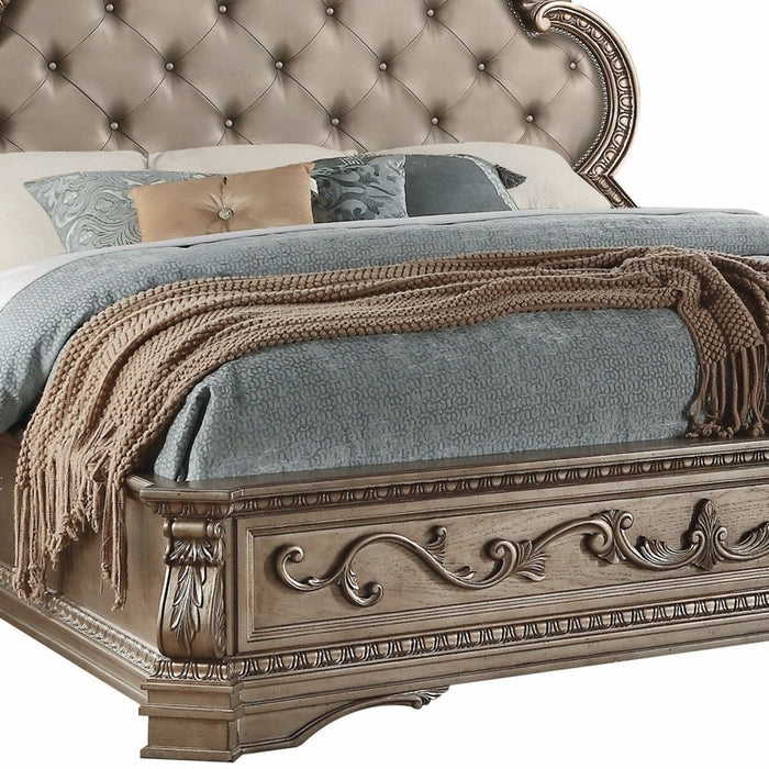 Solid Wood King Tufted Champagne Upholstered Faux Leather Bed With Nailhead Trim