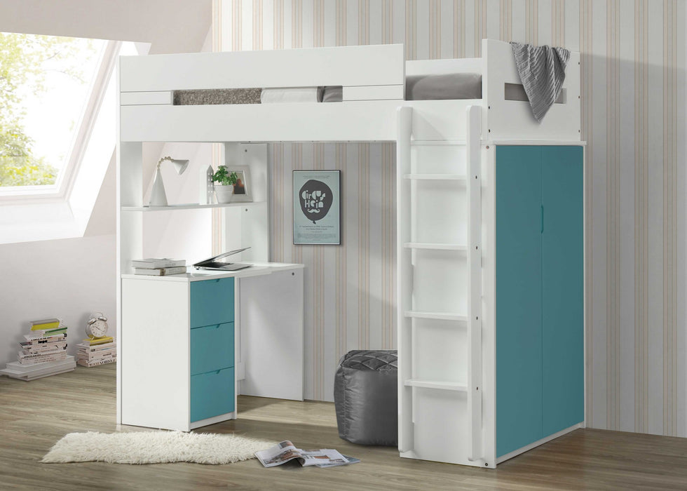 White And Teal Twin Loft Bed And Desk