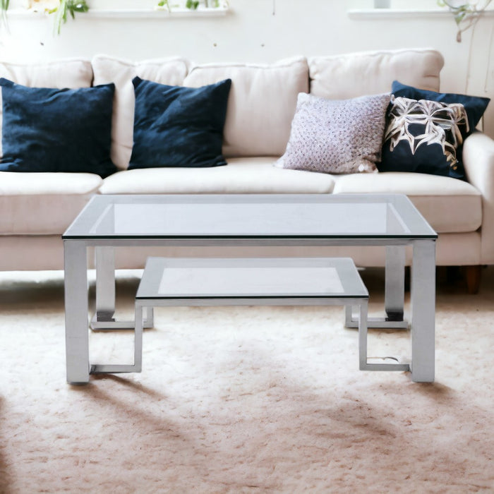 Square Clear Glass Coffee Table With Stainless Steel Base